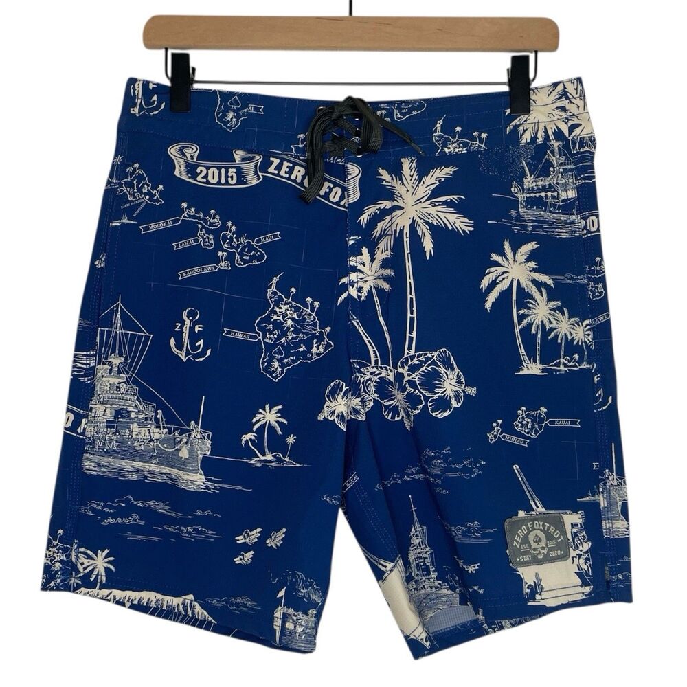 Zero Foxtrot ZF Men's Board Shorts Navy Nautical Unlined Stretch Size Small